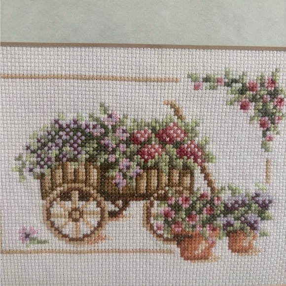 Floral Cart Cross-Stitch Framed Art- 8 X 10 inch frame. Just Stunning! - Picture 3 of 3